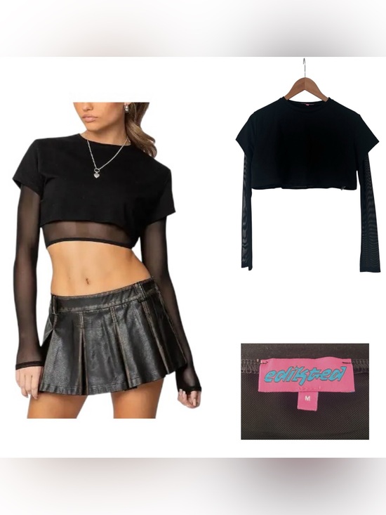 Edikted Tops - Edikted Rella Layered Sheer Sleeve Crop T-Shirt